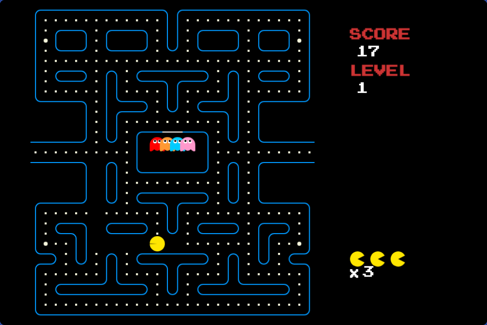 Screenshot of the Pac-Man maze with pellets, Pac-Man and the four ghosts
